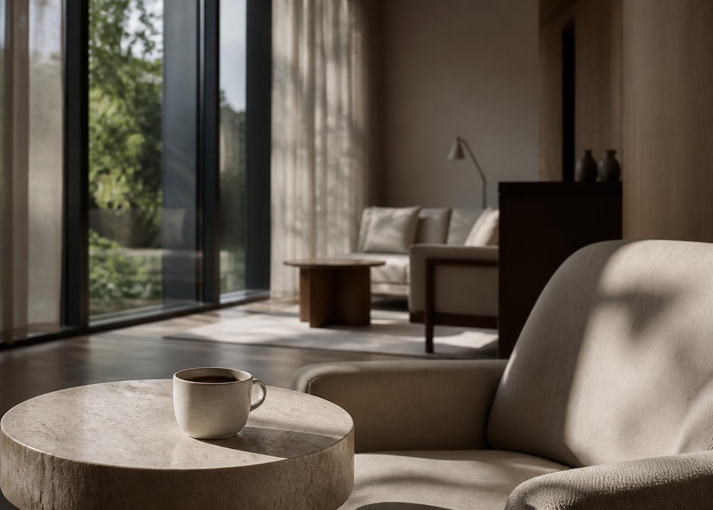 A quiet hospitality setting with a ceramic cup