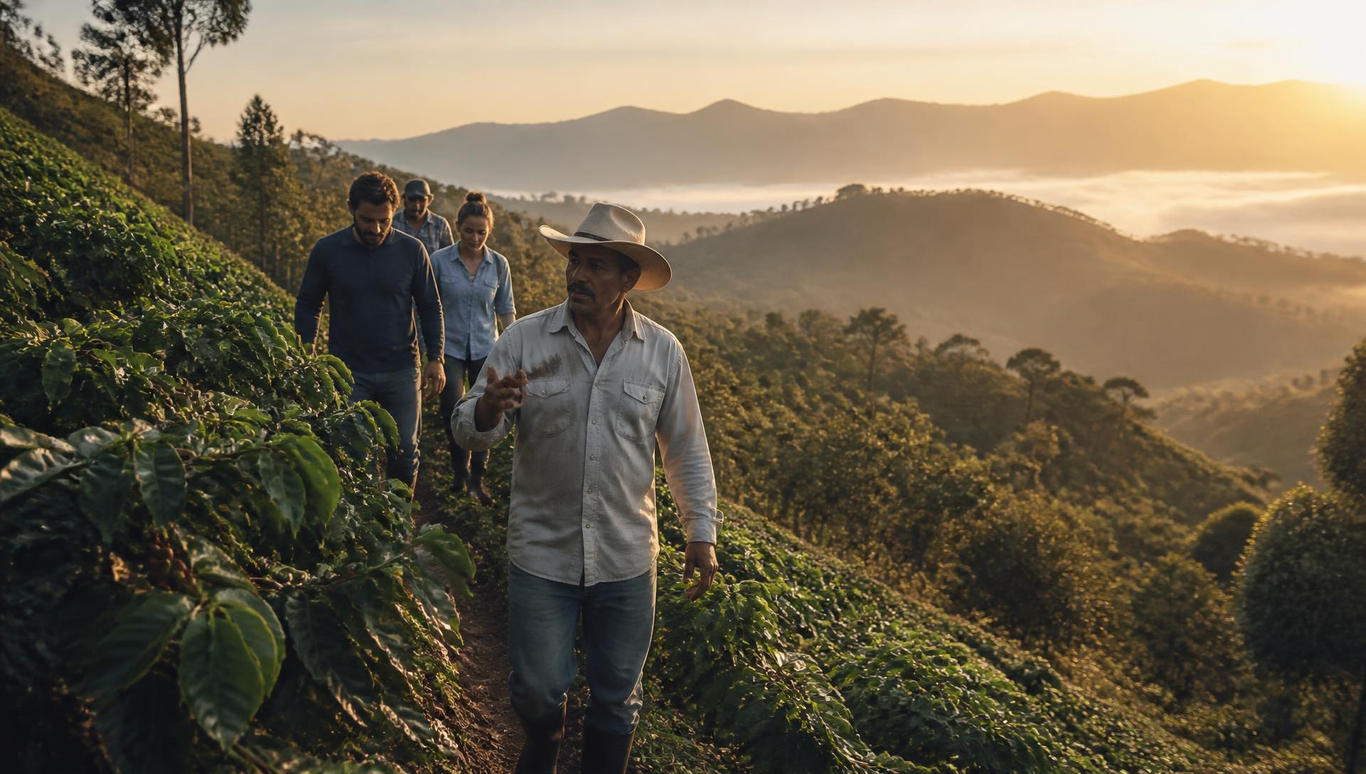 Coffee producers walking through a farm landscape