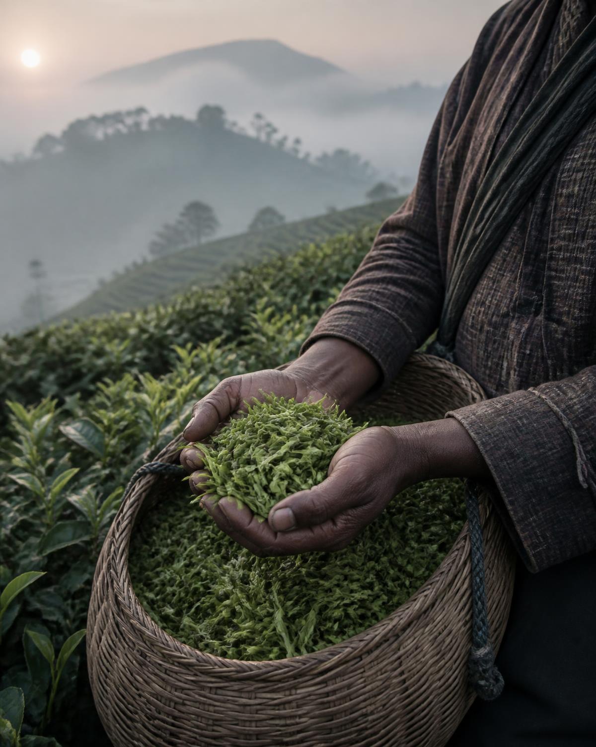 Tea plants growing on a misty hillside